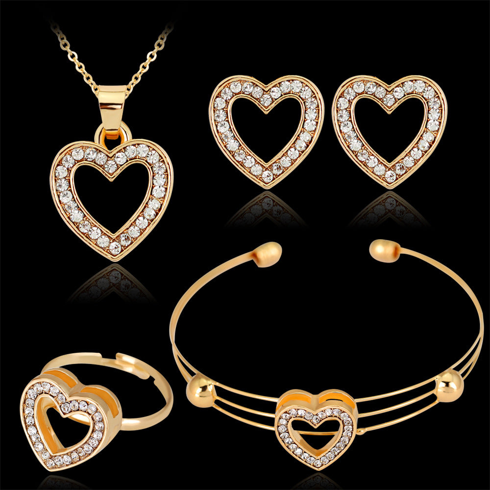 Jewelry Set Peach Heart Rhinestone Earrings Love Necklace Bridal Jewelry Set