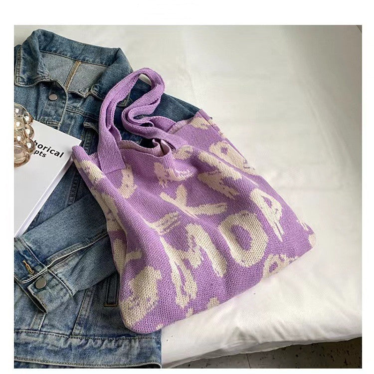 Letter Printed Knit Bag Fashion Shopping Shoulder Bag Large Capacity Handbag