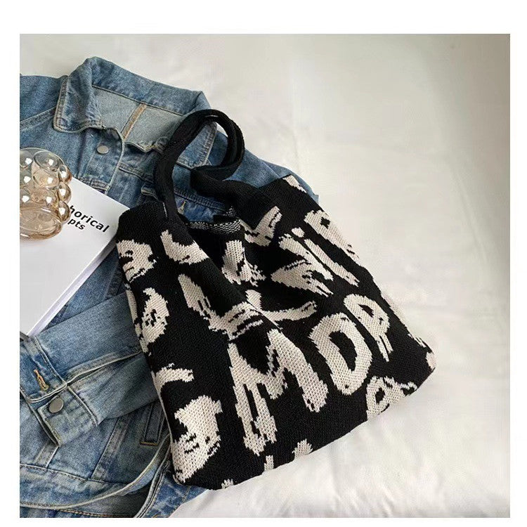 Letter Printed Knit Bag Fashion Shopping Shoulder Bag Large Capacity Handbag