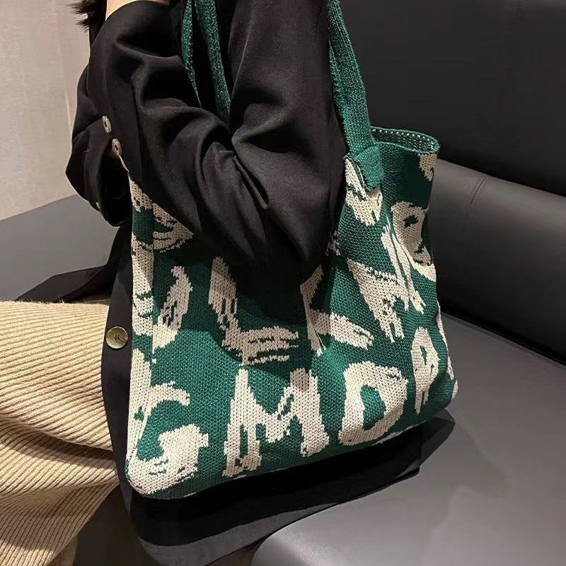 Letter Printed Knit Bag Fashion Shopping Shoulder Bag Large Capacity Handbag