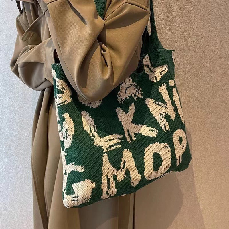 Letter Printed Knit Bag Fashion Shopping Shoulder Bag Large Capacity Handbag