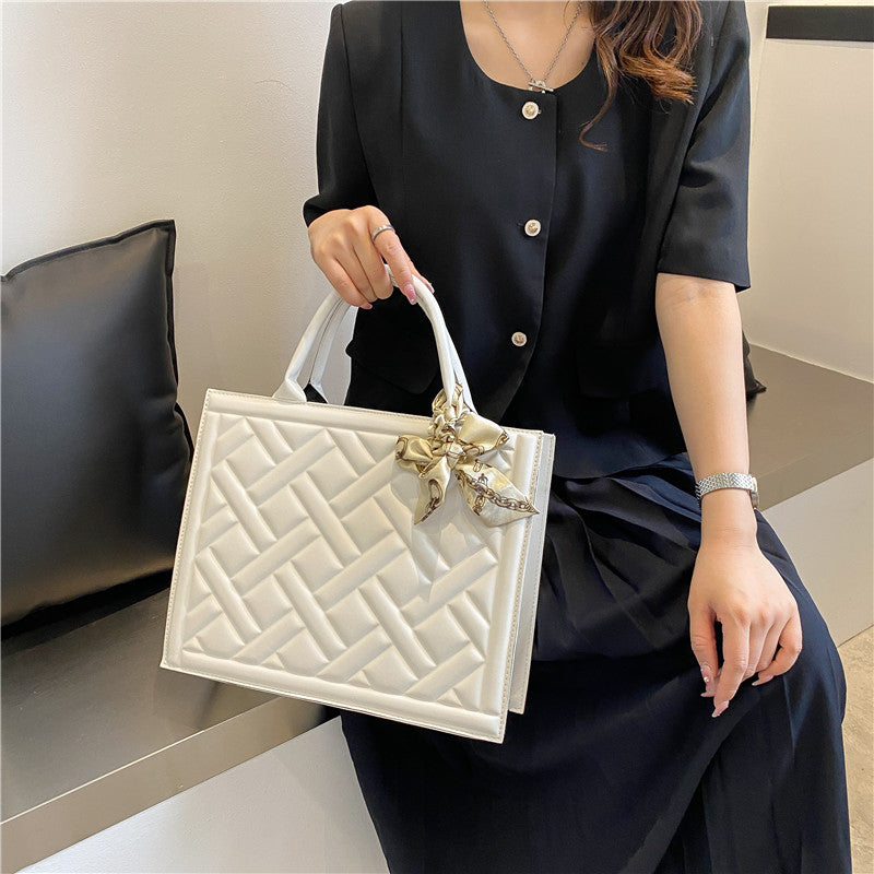 High-grade Solid Color One-shoulder Plaid Embroidery Thread Women's Tote