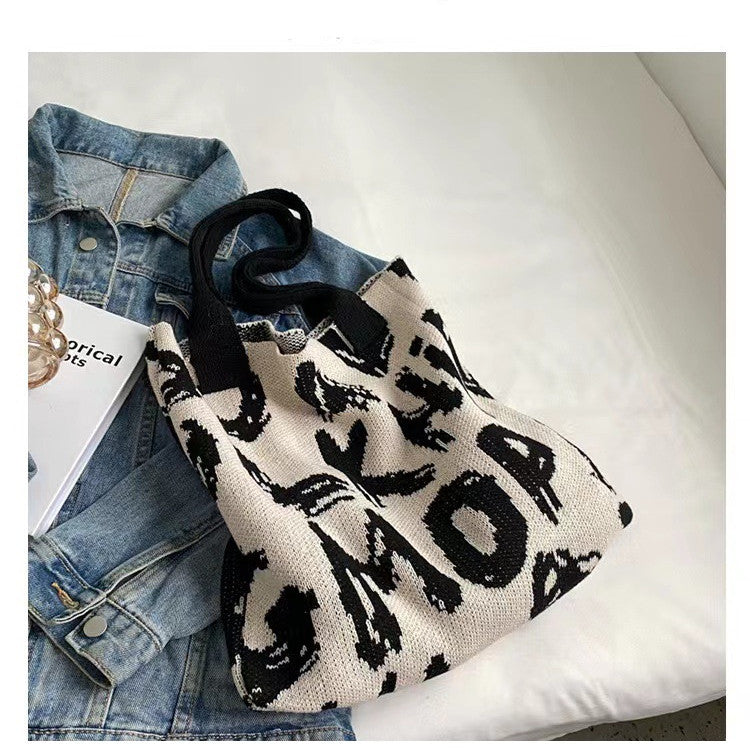 Letter Printed Knit Bag Fashion Shopping Shoulder Bag Large Capacity Handbag